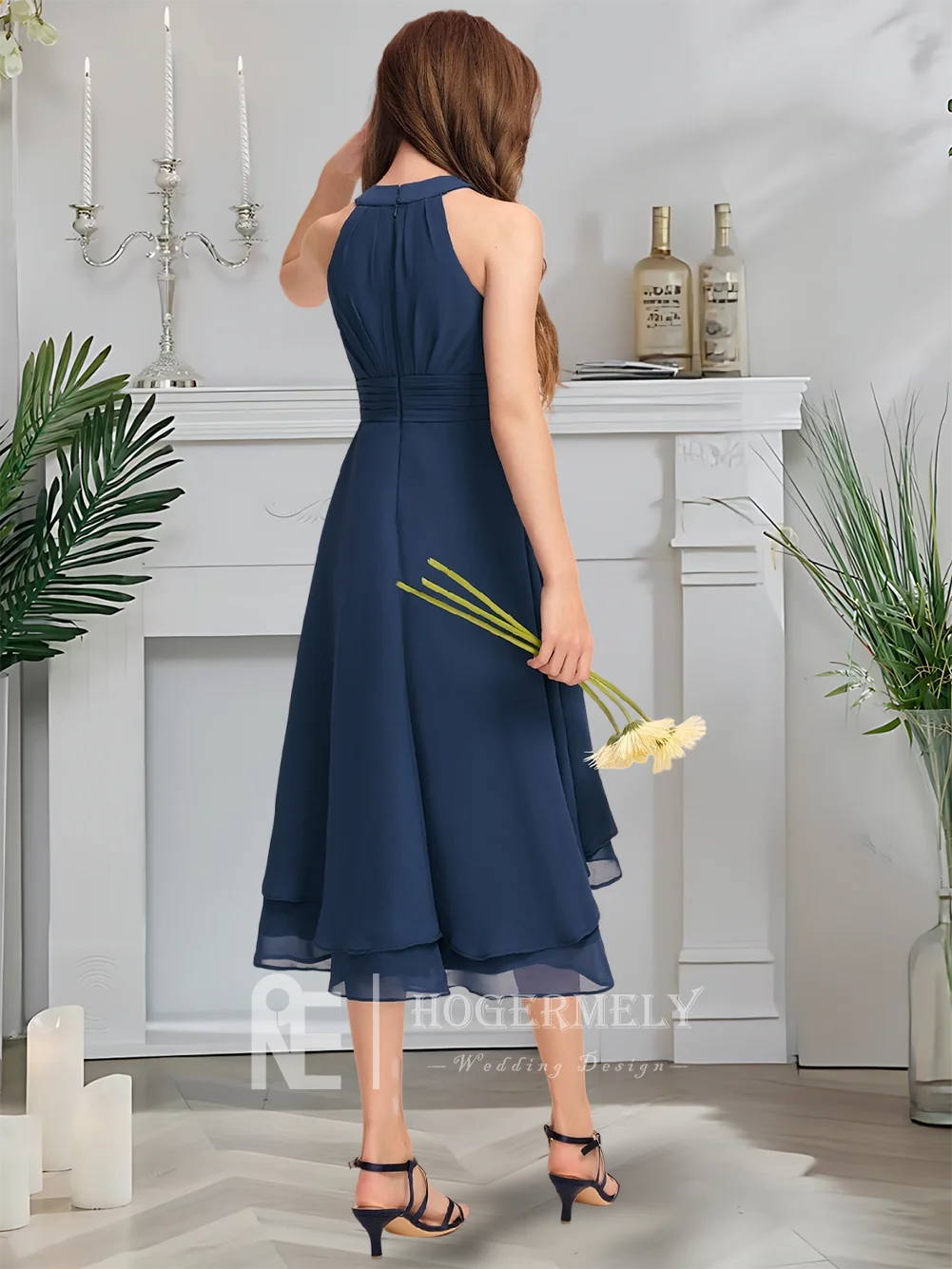 

B Elegant A-Line Halter Asymmetrical Chiffon Junior Bridesmaid Dress With Pleated Royal Blue Flower Girl Dress For Summer Party