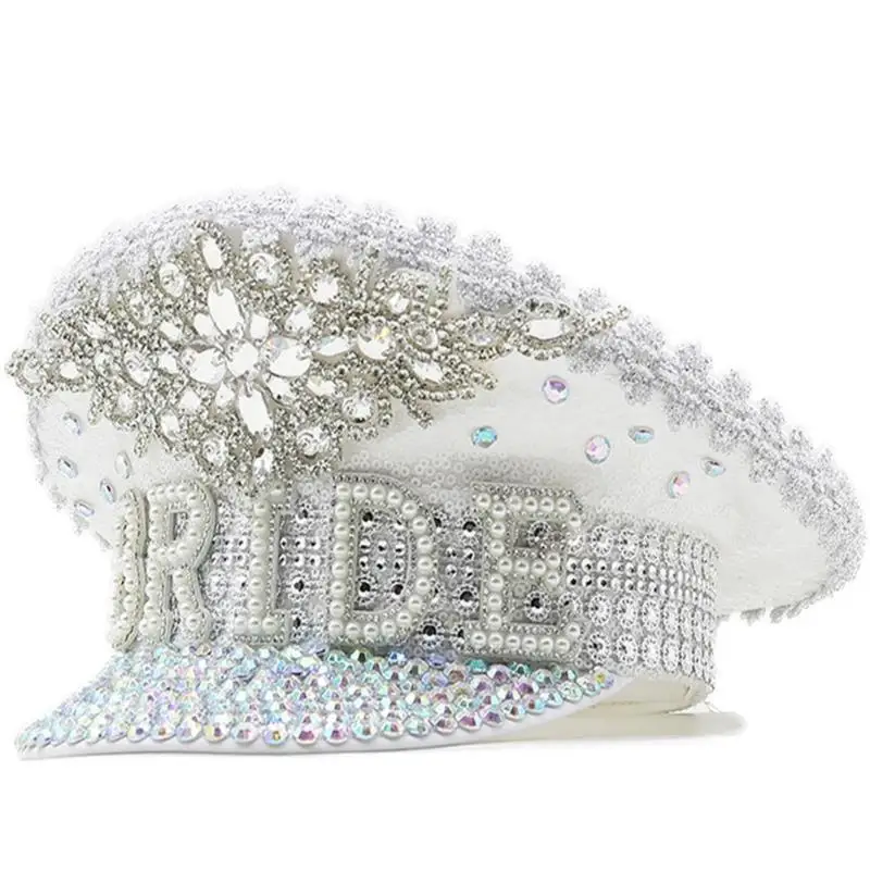 652F Sparkling Diamond Bride Hat Wedding Props White Sequins and Encrusted Pearls for Wedding Engagement Bachelorette Party
