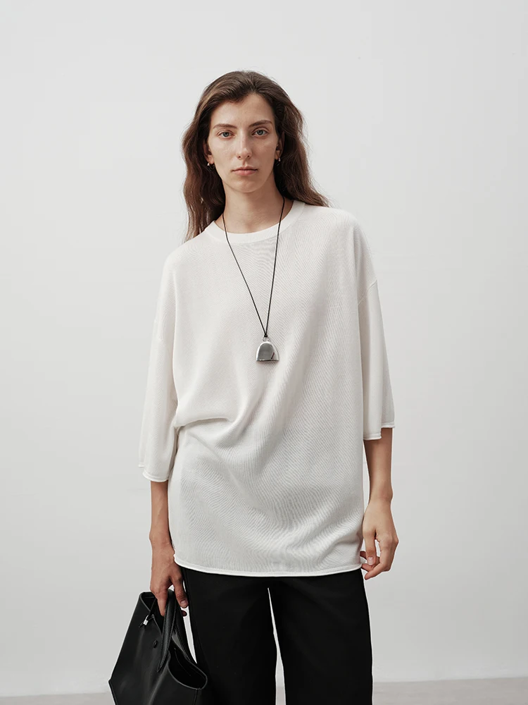 

Женская летняя свободная тонкая трикотажная футболка WUUO из ацетата, шерсти и лиоцелла, белая, с круглым вырезом, повседневная