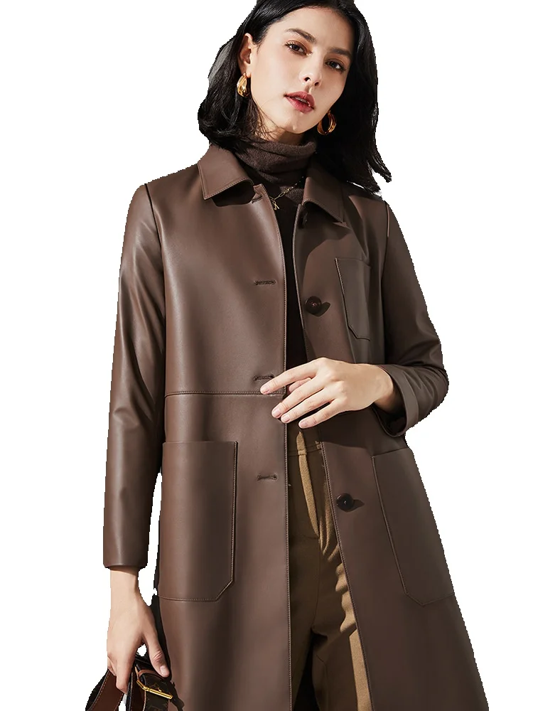 

Seasonal New Sheepskin Temperament Lapel Long Genuine Leather Jacket Women's Trench Coat