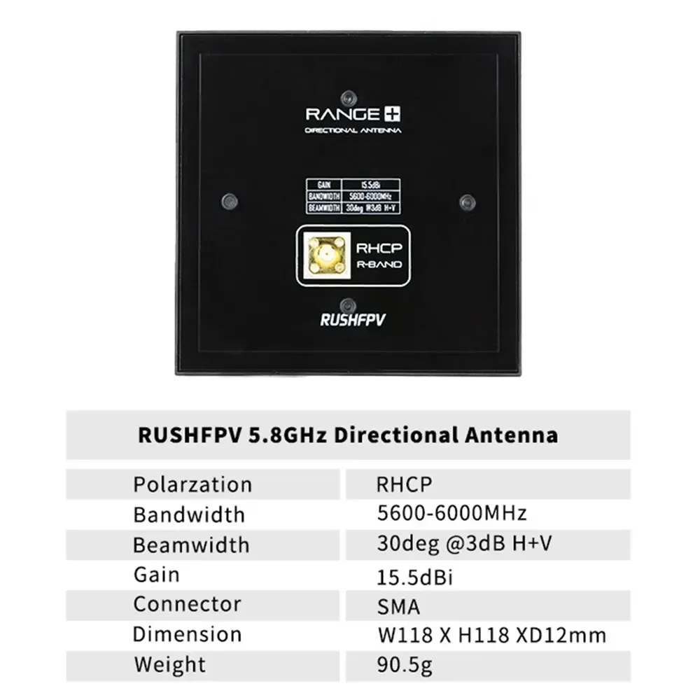 RUSHFPV 5.8GHz 15.5dBi RHCP Patch Antenna 5600-6000MHz SMA Long Range for FPV Drone Accessories