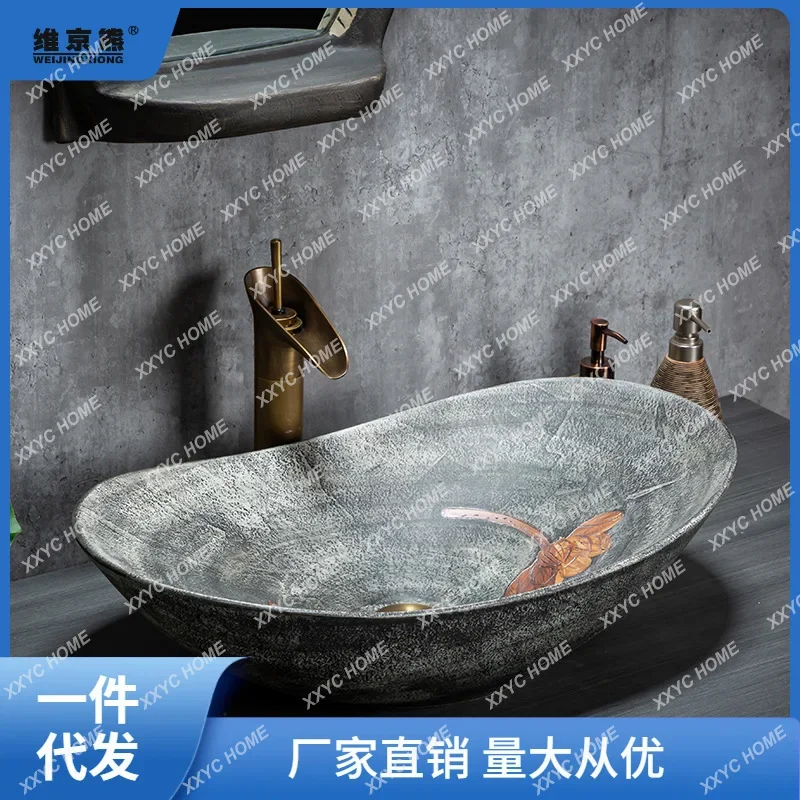 On-stage wash basin Household retro ceramic face wash Anti-splashing size Art balcony