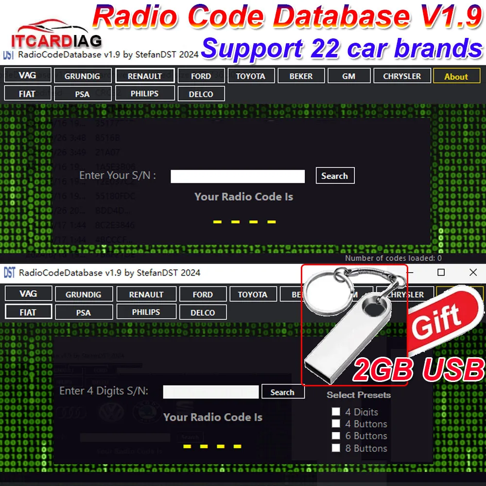 Radio Code Database V1.9 Radio Code Calculator Unlock Car Radio Code for VW/Ford/Audi/Toyota etc Support 22+ Car Brand