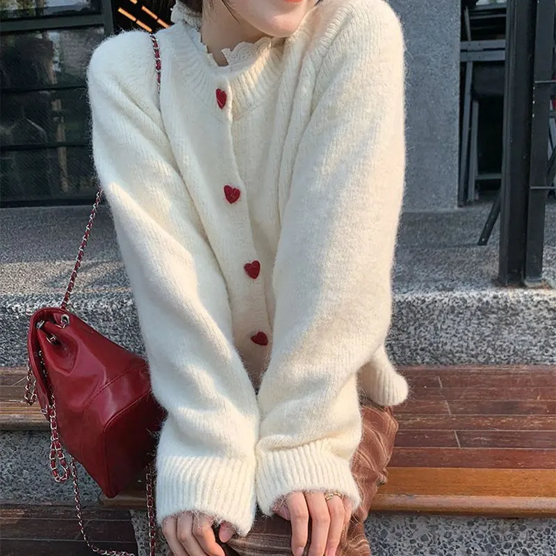 Gentle Heart-shaped Knitted Cardigan Female Clothing Fashion Single-breasted 2024 Autumn Winter Loose Basic Long Sleeve Sweaters