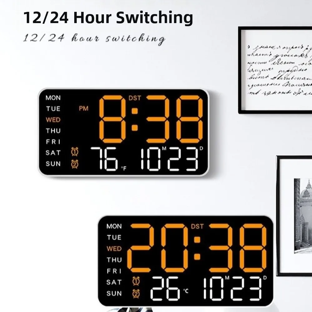Voice Control Digital Wall Clock Large Display Temperature Display LED Alarm Clock 12/24H Format DST Function