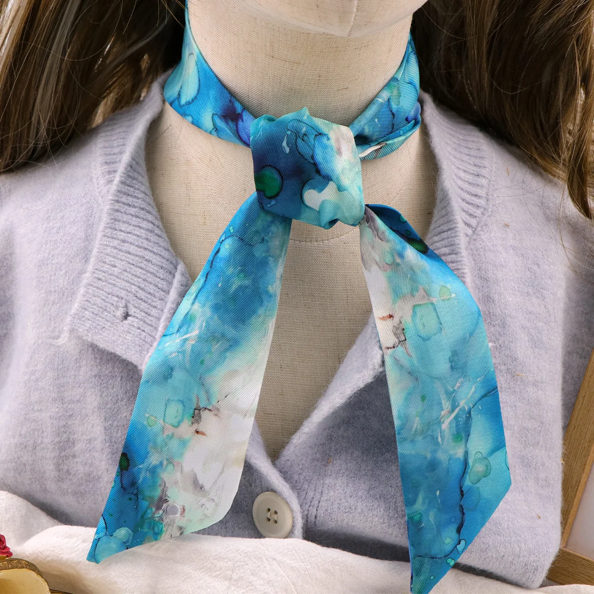Blue Marble Art Skinny Scarf Women Small Bag Scarves Hair Neck Scarf For Ladies Foulard Fashion Print Neckerchief Headband
