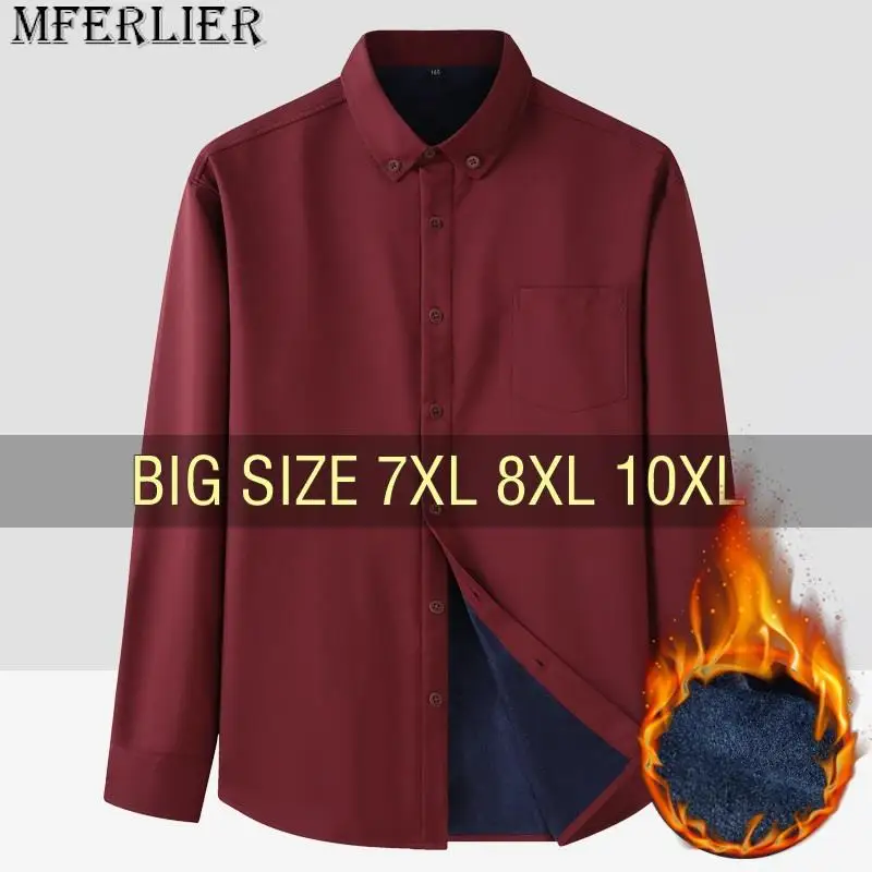 

Men Shirt Casual Warm Fleece Long Sleeve Red Plus Size 6XL 7XL 8XL 10XL Oversize Formal Autumn Winter Flannel Thick High Quality