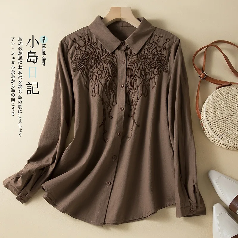 Chinese Style Women\'s Shirt Summer Cotton Linen Vintage Blouses Embroidery Clothing Loose Long Sleeve Women Tops