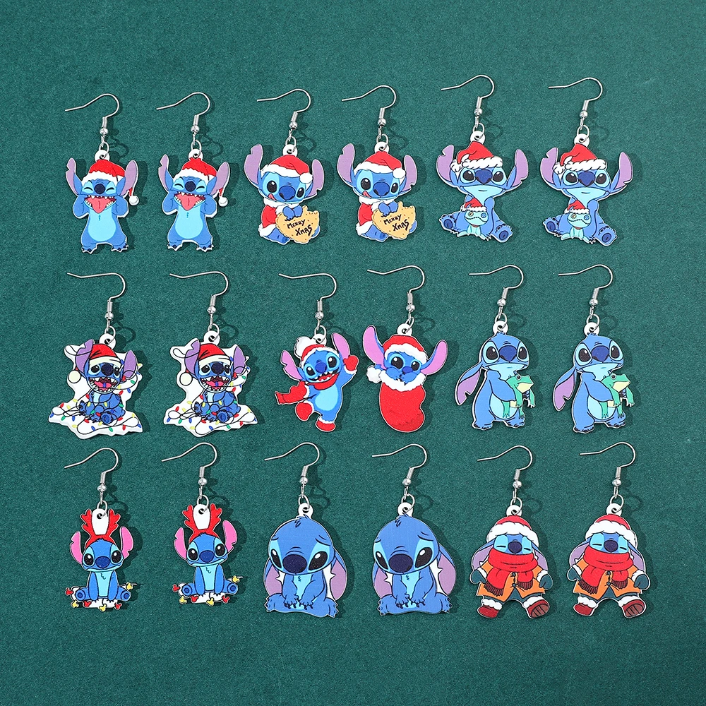 Disney Kawaii Christmas Stitch Earrings Anime Lilo & Stitch Cartoon Figure Stitch Angel Acrylic Badge Pendant Ear Drop Jewelry