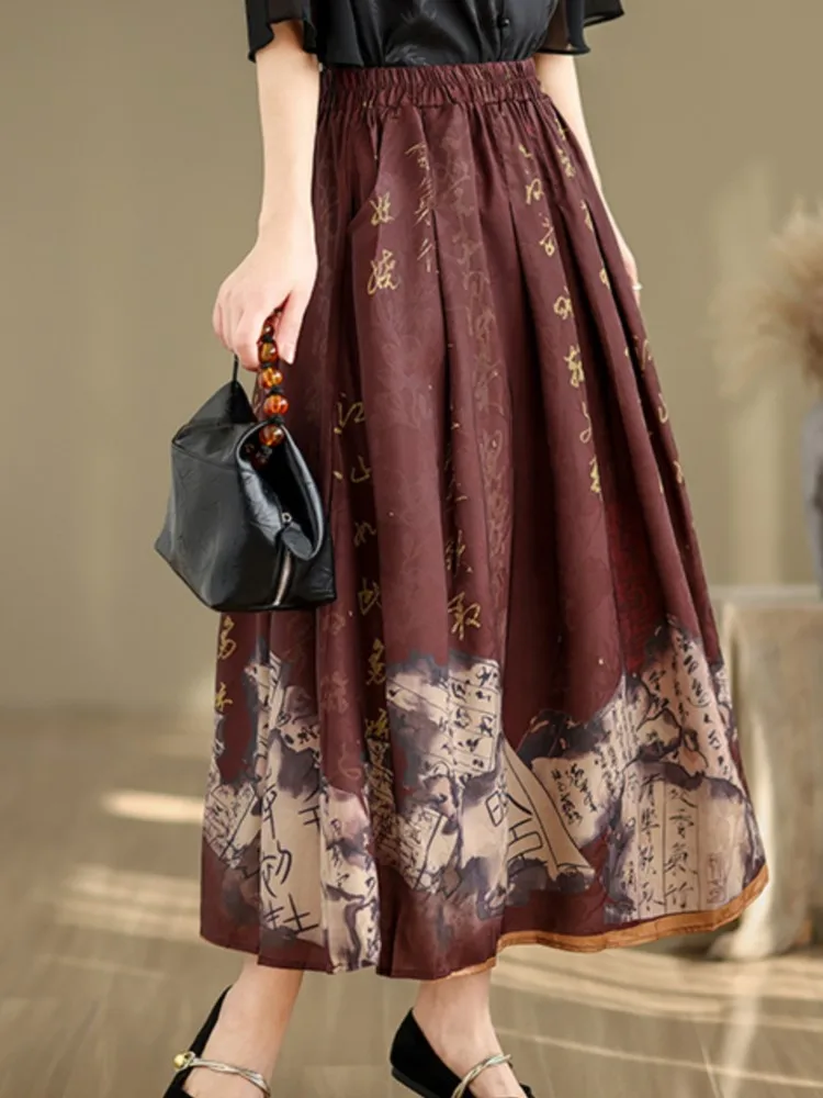 Chinese Style Print Fashion Oversized Long Skirt Women Loose Ruffle Pleated Ladies Elastic High Waist Skirts A-Line Woman Skirts