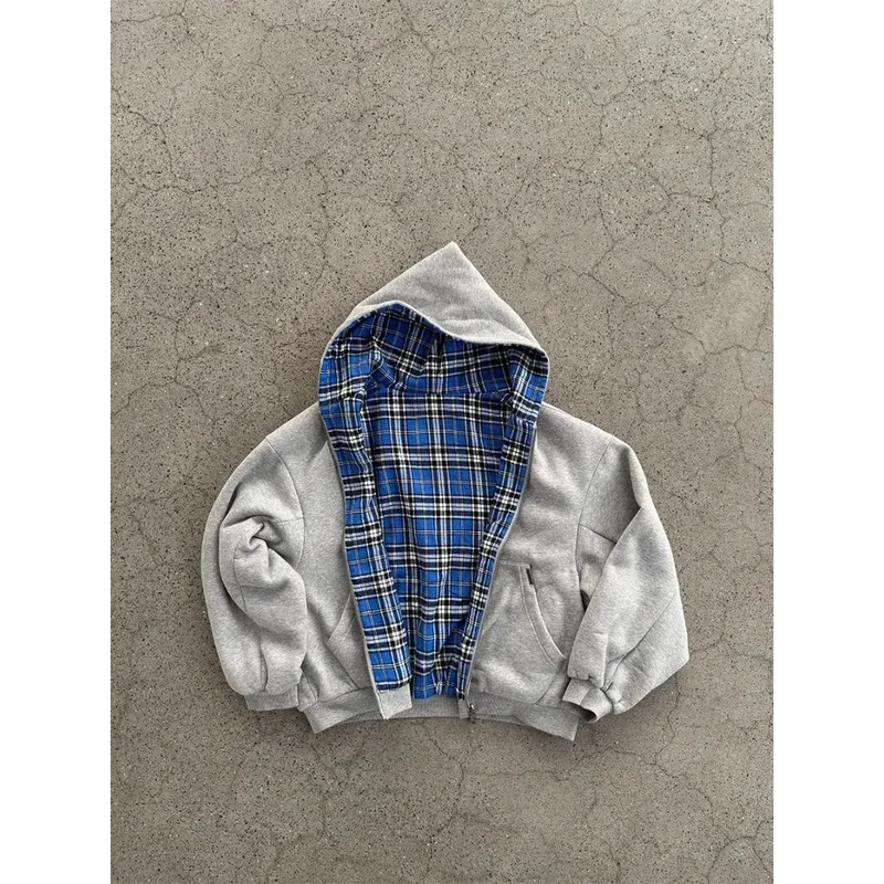 บ้านหมี Casual Retro Mens Zipper Hoodie Gothic Blue ลายลายสก๊อตด้านหน้าและด้านหลัง 2 เสื้อกันหนาว 90s Hip Hop Loos 2025 ใหม่