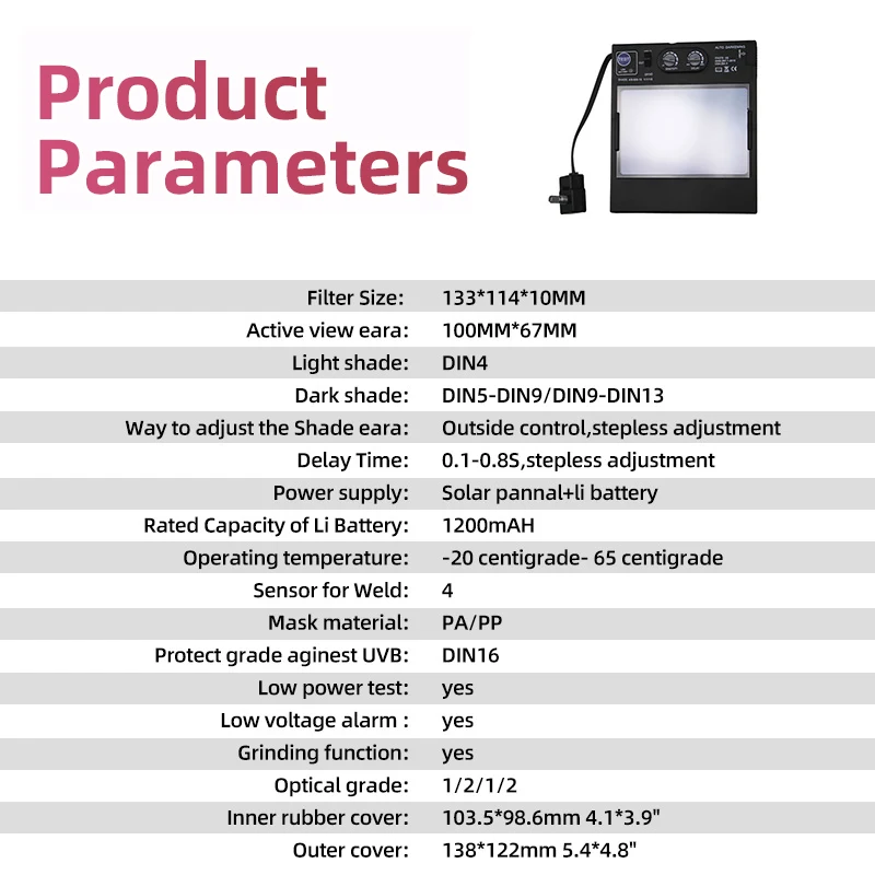 DIN5-DIN13 태양광 자동 조광 TIG MIG MMA 그라인딩 트루 컬러 용접 마스크, 용접기 캡, 용접기 안경 PC 커버, 대형 4 아크 센서