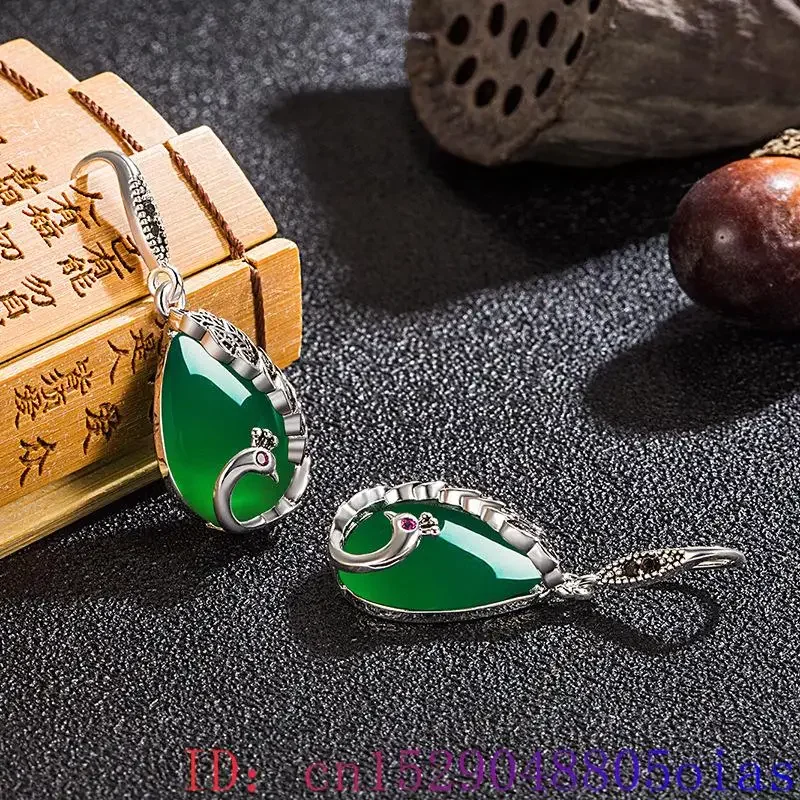 Green Real Jade Peacock Earrings Gift Energy Vintage Luxury 925 Silver Talismans Stone Natural Jewelry Designer Women