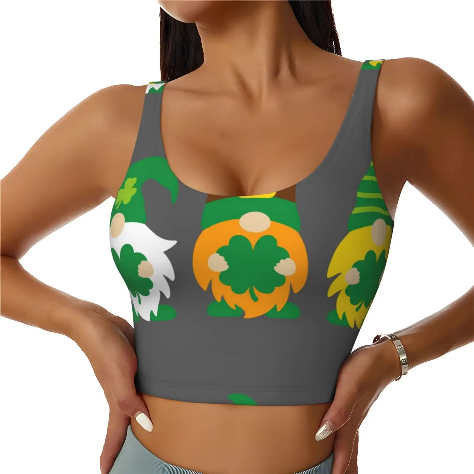 St Patrick’S Day Irish Gnomes Print Women's Sports Vest U-shaped Removable Chest Pad Sports Backless Top