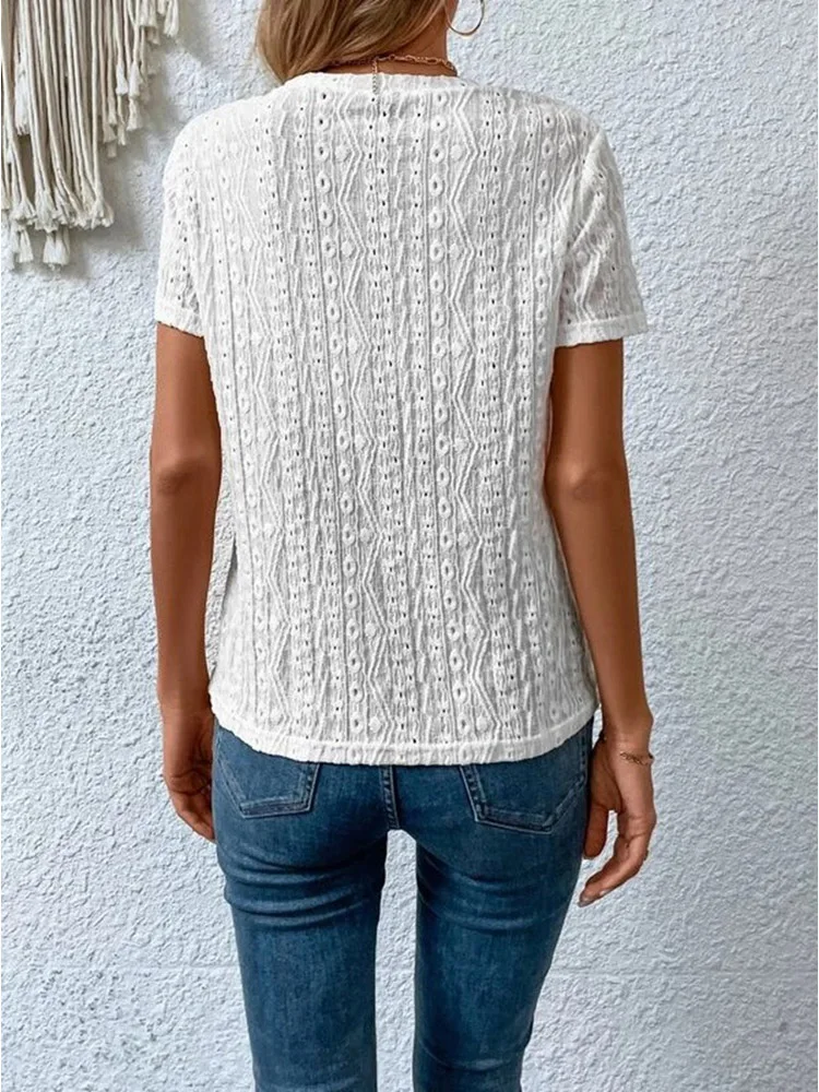 Summer Solid Short Sleeve Hollow Out Casual Shirt Women Fashion White Tops Blouse Sexys Mujer Blusas Elegantes Finas Para Mujer