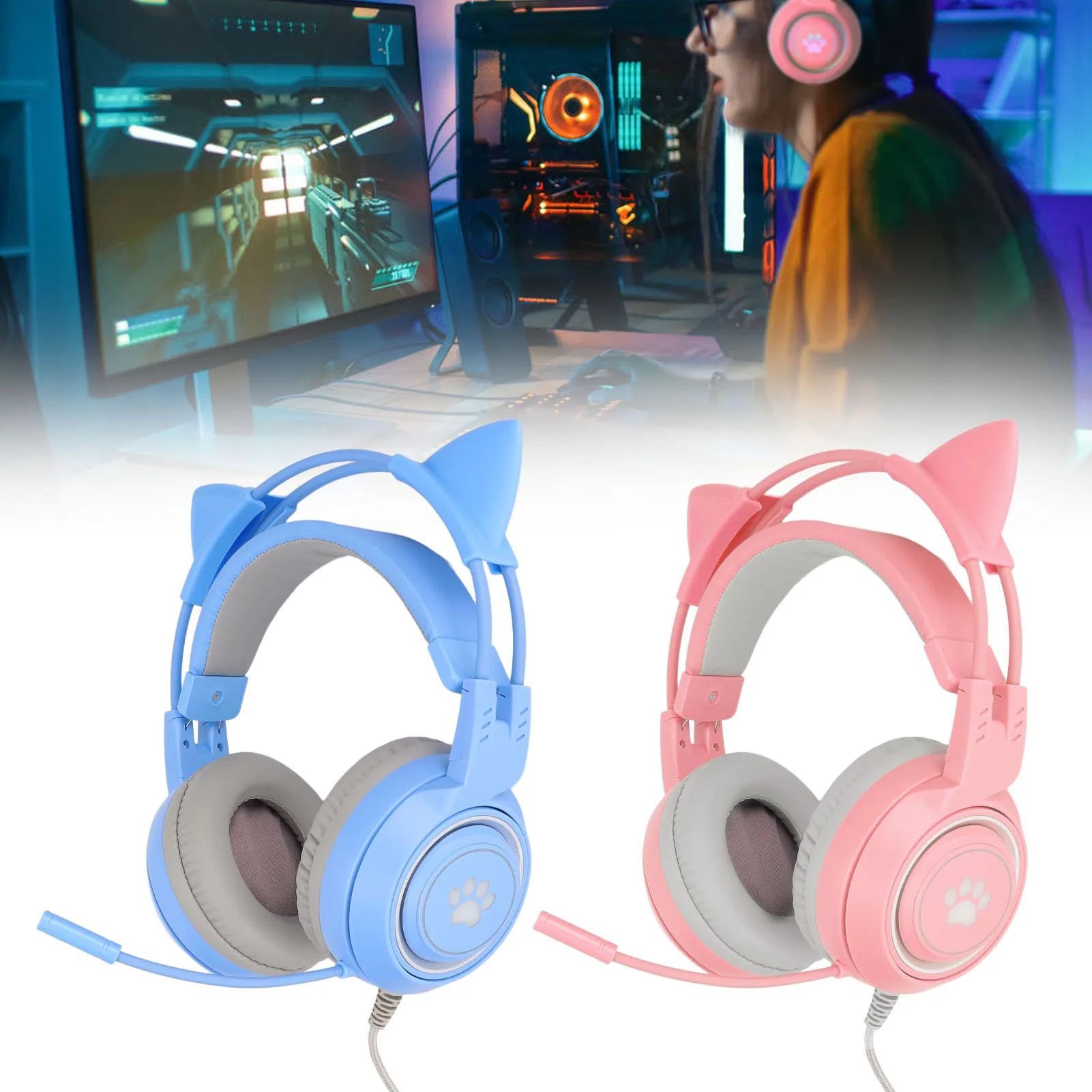 

Cat Ear Gaming Headphone SYG25 Cat Ear Gaming Headset USB+3.5mm Plug Gaming Headphone Supports Volume Adjustment Microphone Mute