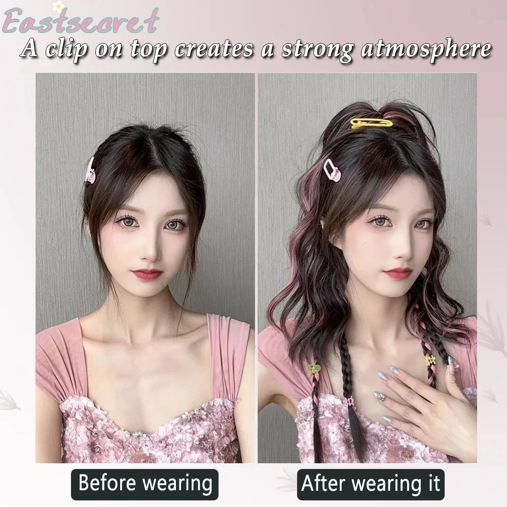 EAST Y2K Synthetic Ponytail Wig Pink Blue Highlighted High Ponytail Simulation hair Half Tied Curly Hair Trendy Hot Girl Hairsty