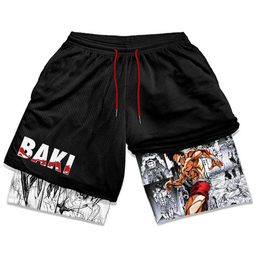 Baki Hanma Anime Gym Shorts Men Manga 3D Print 2 in 1 Performance Shorts Workout Quick Dry Sports Compression Short Pants Summer