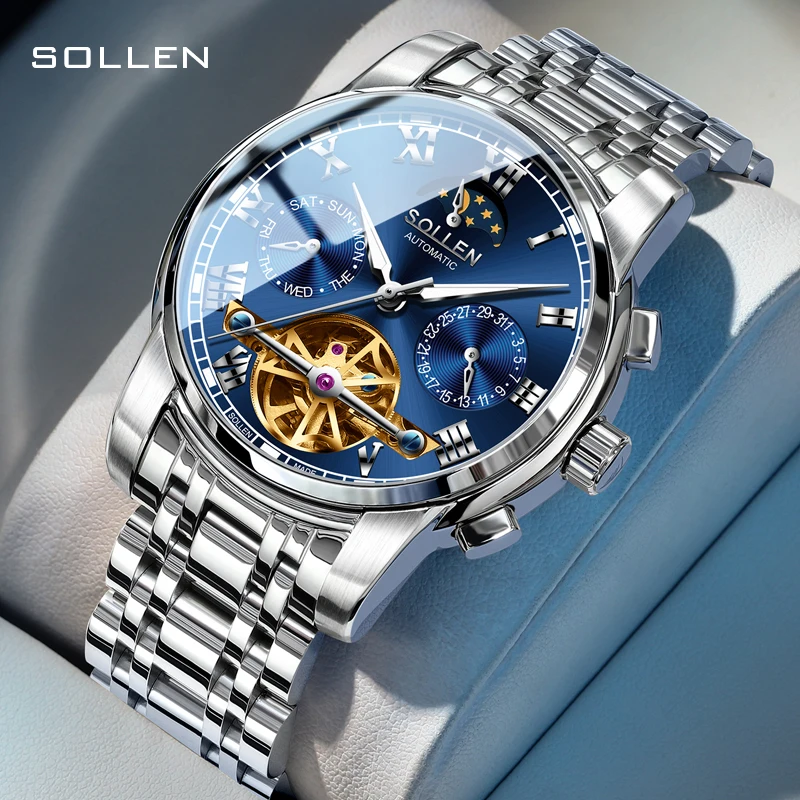 SOLLEN brand watch men's fully automatic mechanical watch waterproof night light student watch boyfriend father gift