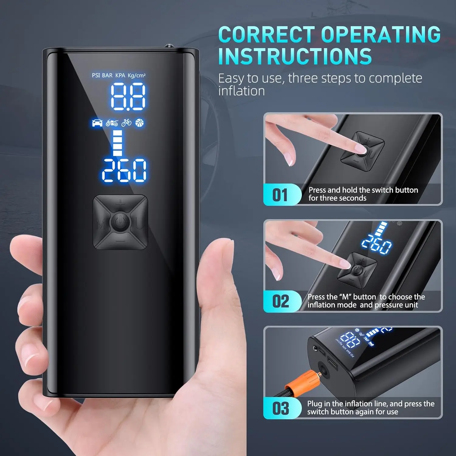 携帯型デジタル圧力計付きエアポンプ 150PSI 2倍速 メタル製エアコンプレッサー タイヤインフレーター 車 バイク オートバイ ボール用