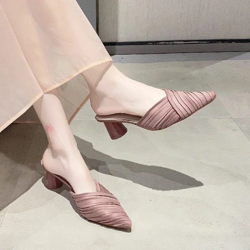 2024 Hot Sale Women's Shoes Baotou Women's Slippers Fashion Shallow Dress Slippers Women Sexy Pointed Toe Solid Heels Women