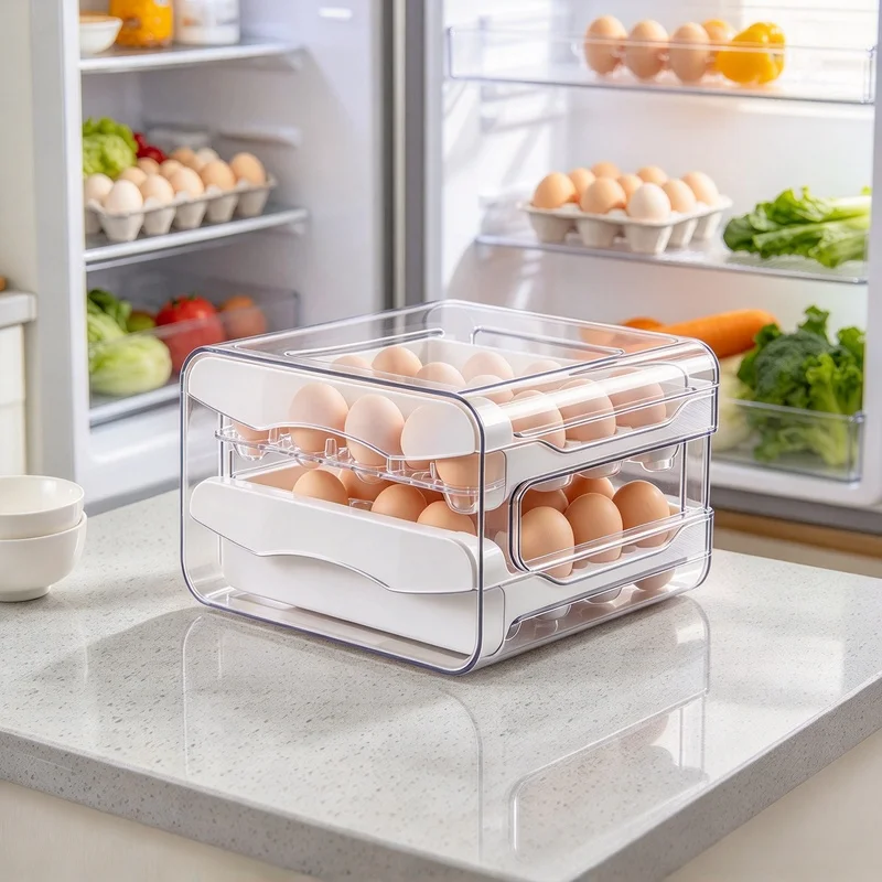 2-Tier Pull-out Refrigerator Egg Organizer Drawer, Large-Capacity Fresh-Keeping Egg Holder for Kitchen Use