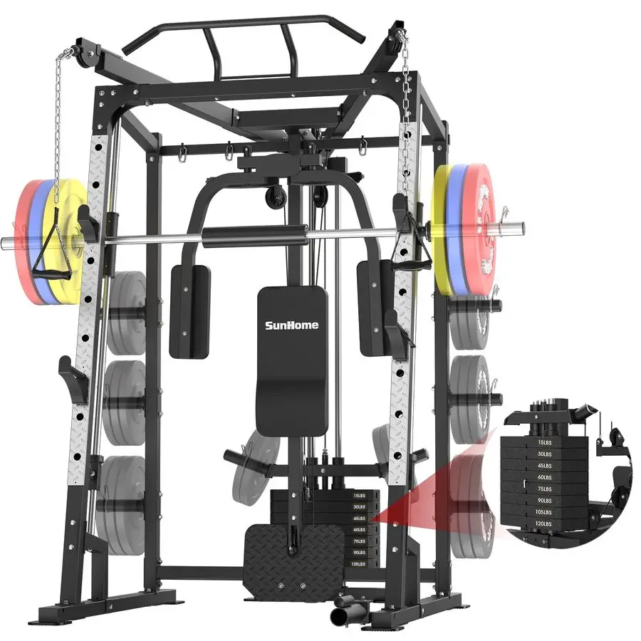 

Smith Machine, Power Cage Squat Rack with Smith Bar, LAT PullDown Systems, Cable Crossover Machine and Cable Attachment for Hom