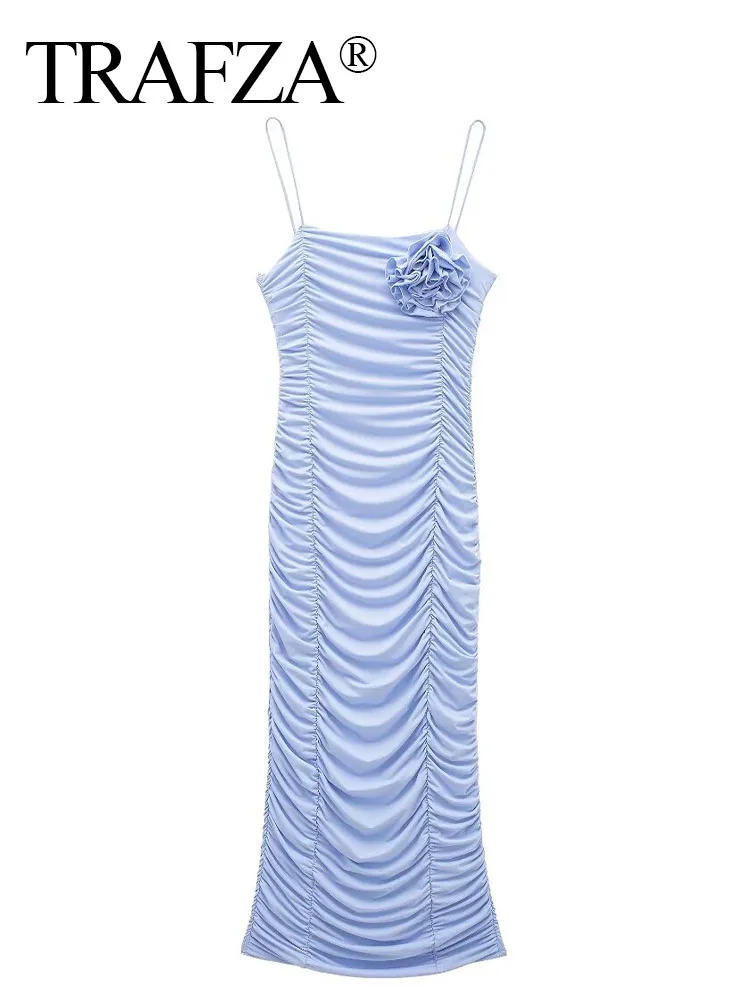 

TRAFZA Woman Elegant Fashion Summer Flowers Decoration Dress Female Chic Backless Sexy Draped Sleeveless Evening Party Dresses