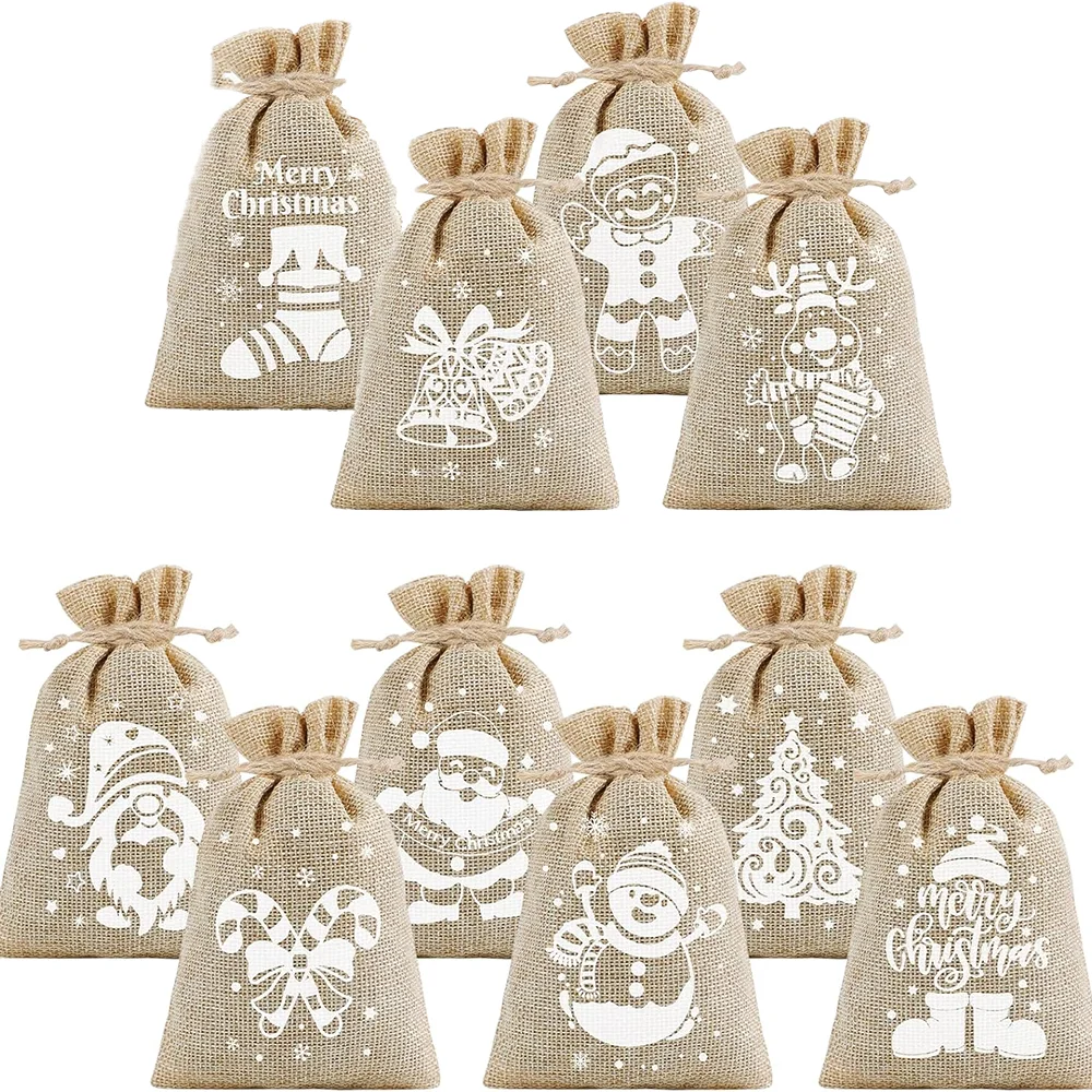 

10Pcs Christmas Burlap Goody Gift Candy Bags Drawstring Treat Bags Xmas Party Favors Decor Supplies Santa Claus Christmas Gifts