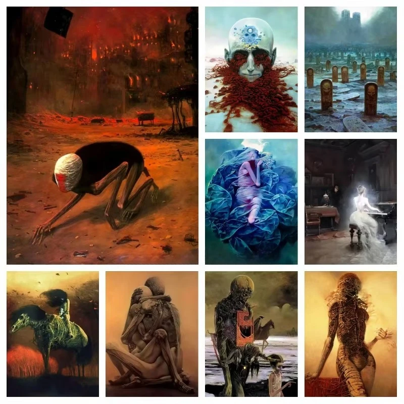 Oil Painting by Number Kit Zdzislaw Beksinski Horror Dark Skull Ghost Art Canvas Wall Art for Adults DIY Home Decor Gift