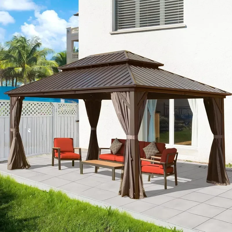 Hardtop Aluminum Gazebos 10x14FT Double Roof Canopy Curtain Netting Backyard Gardening Rainproof Waterproof Windproof