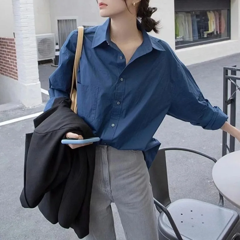 Korean Style Long-sleeved Shirt Ladies Spring New Lazy Retro Green Blouse Women\'s Clothes Tops Casual Female Solid Simple Shirt