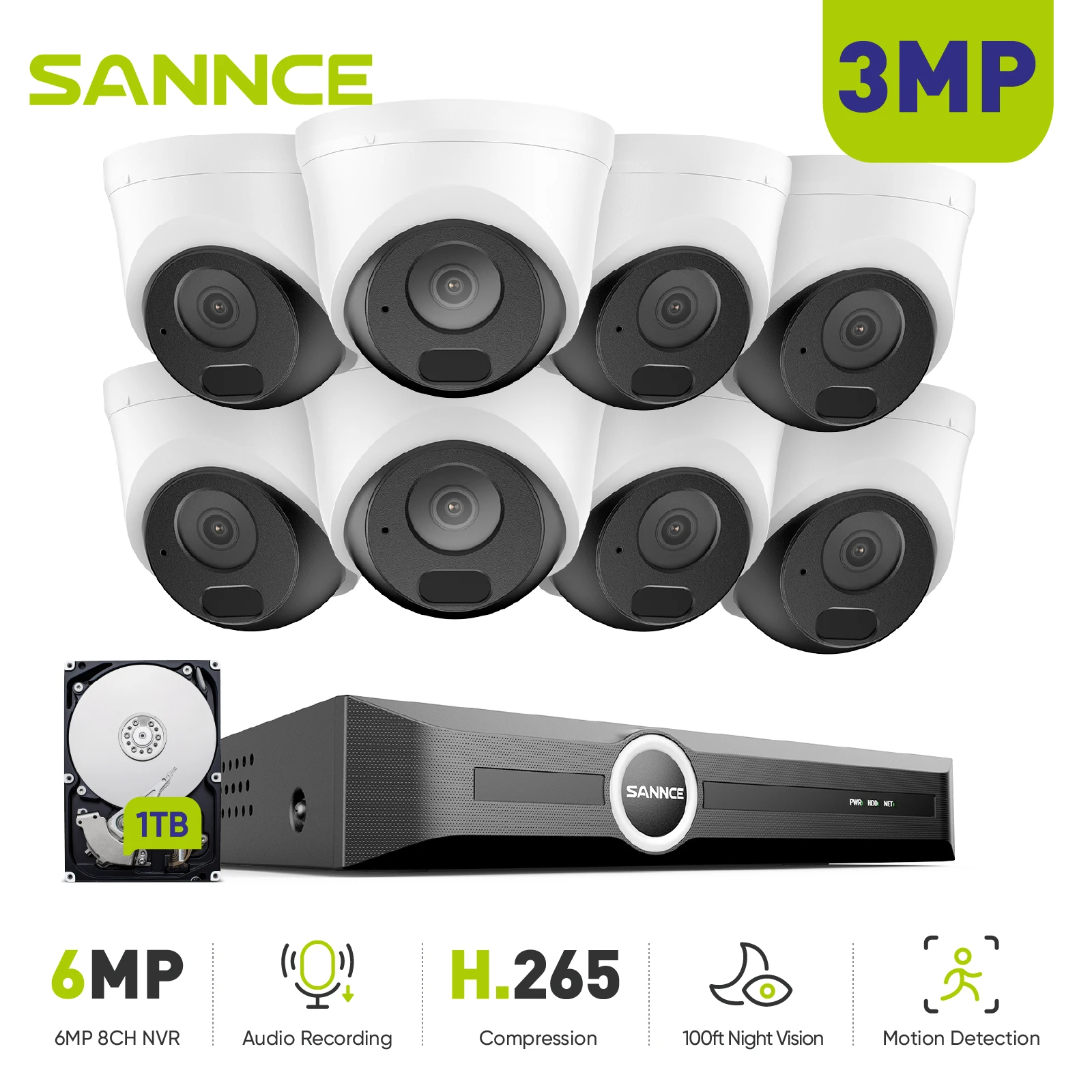 

SANNCE 8CH NVR 8PCS 3MP IR Network Turret Camera 4mm Lens Audio Input 100ft Night Vision Smart IR Built-in Mic Motion Detection