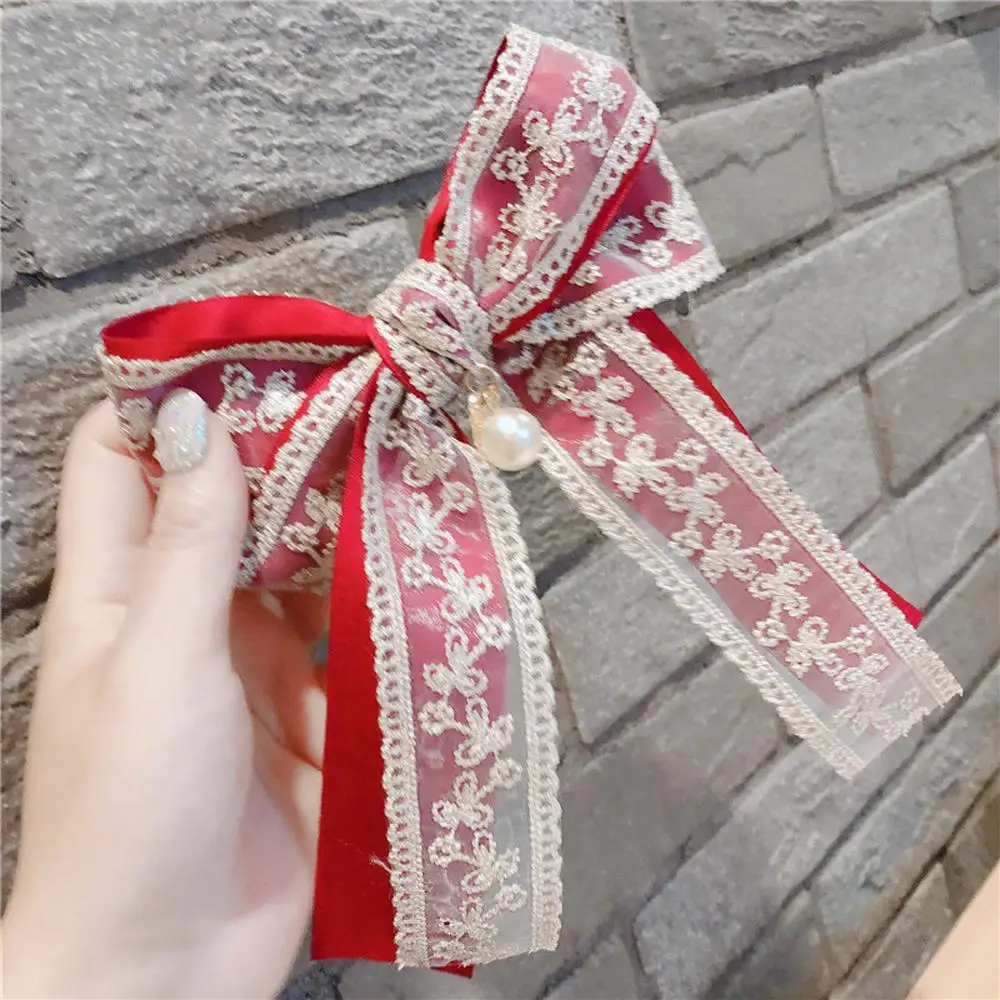 

Spring Clip Big Headwear Sweet Girls Women Pearl Barrette Satin Hairpin Lace Bow Hair Clips