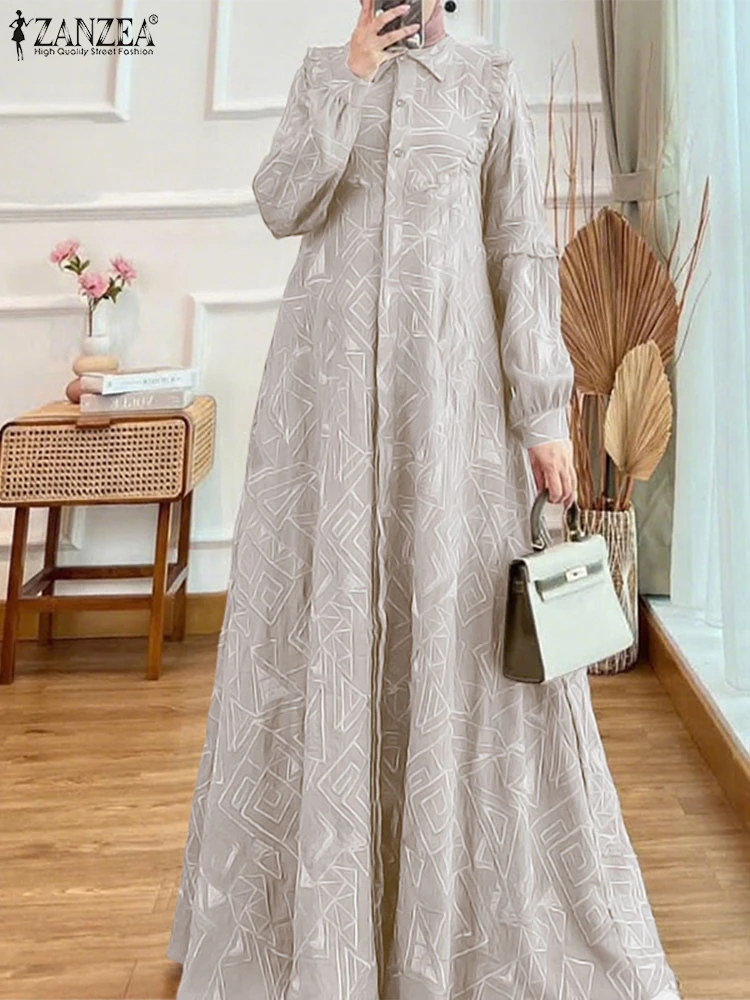 

2025 ZANZEA Elegant Women Long Sleeve Muslim Abaya Dress Hijab Sundress Robe Femme Floral Printed Maxi Vestidos Islamic Clothing