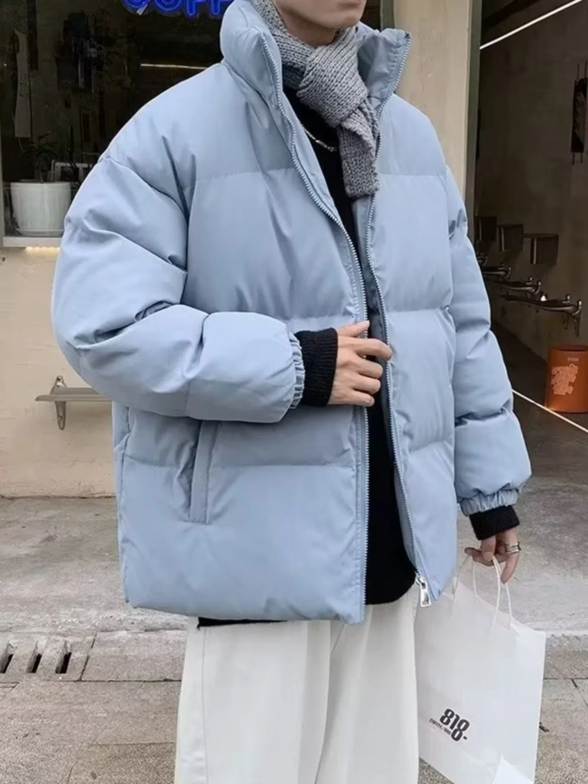 Winter Men's Pure Color Cotton Jacket Loose Casual Stand Collar Korean Style Trendy Bread Youthful Popular Standard Fit