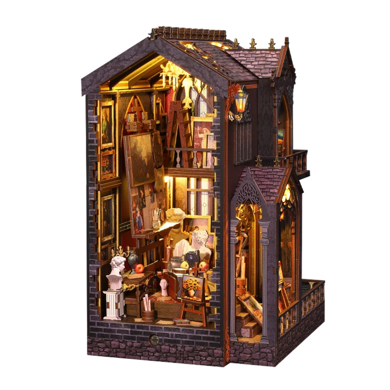 

DIY Wooden Book Nook Wonder Studio Figurines Miniatures Bookend Handmade Bookshelf for Friends Birthday Gifts Home Decor Crafts