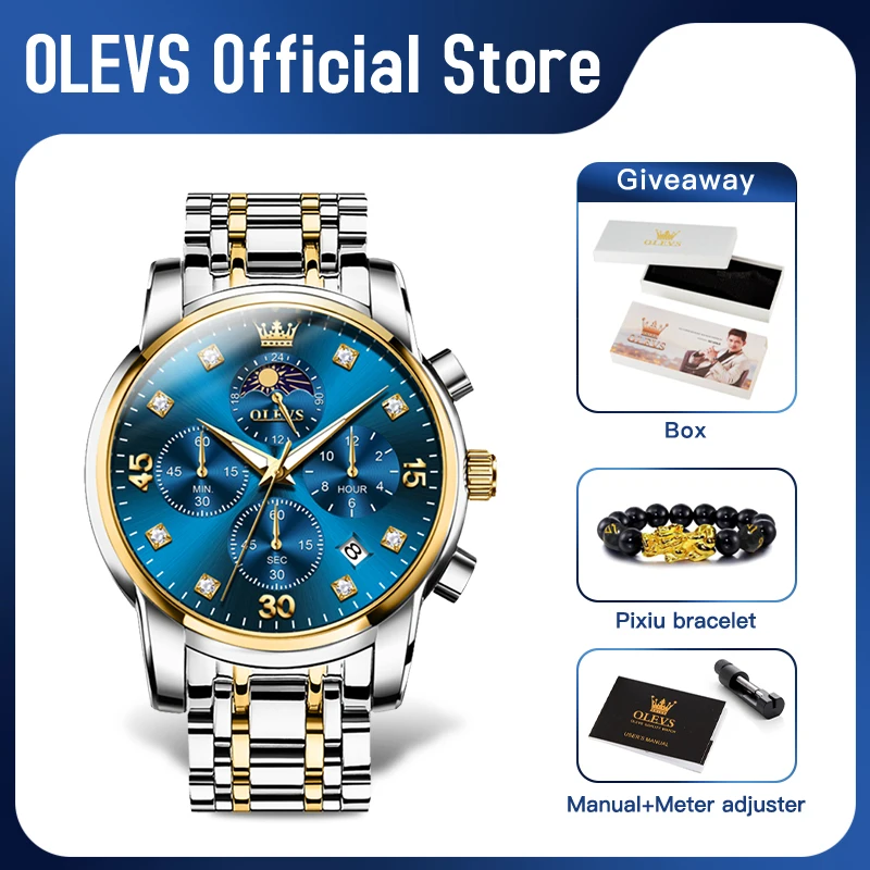 OLEVS 3652 Mens Watch Original Brand Multifunctional Chronograph Quartz Watch Waterproof Luminous  Automatic date Watch For Man