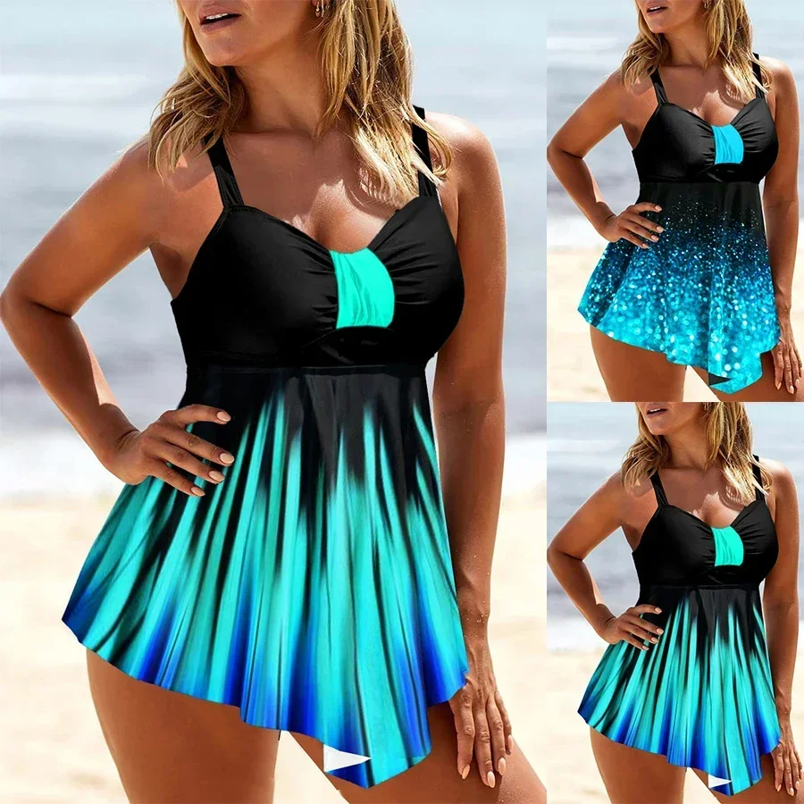 

Summer Fashion Design Women's Bikini Two Piece Set with Blue Sparkling Crystal Flower Print Sports Beach Wear S-6XL