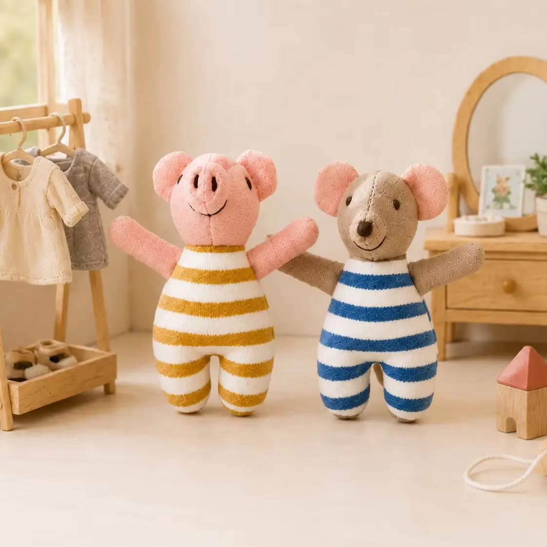 Nordic Soft Dolls for Kids – Handmade Cotton & Linen Plush Pig and Mouse Toys