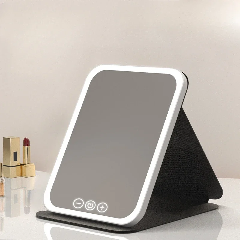 Large Led Vanity Mirror Portable Mirror Rechargeable Foldable Vanity Mirror with Lamp Three-color Light High Definition