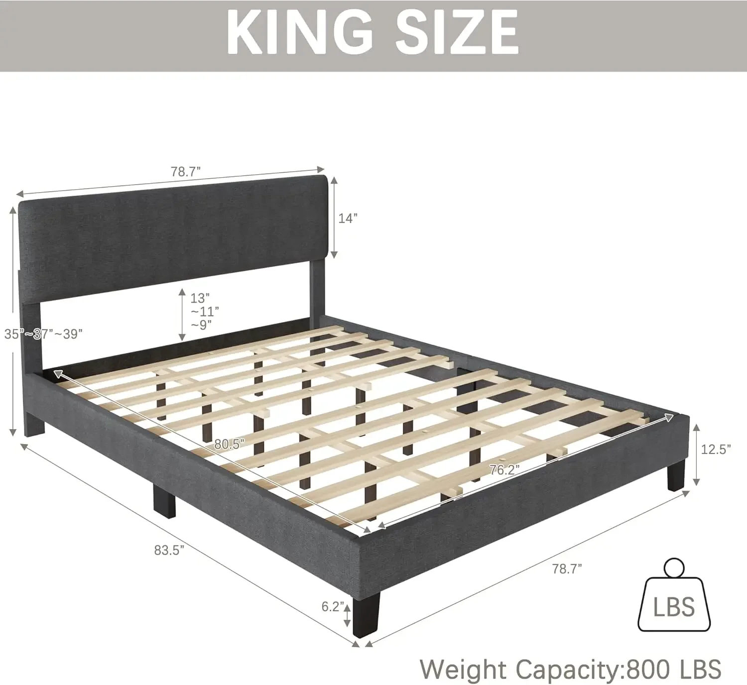 King Bed Frame with Adjustable Headboard Upholstered Bed Frame Platform Linen Fabric Headboard Wooden Slats Support/No Box