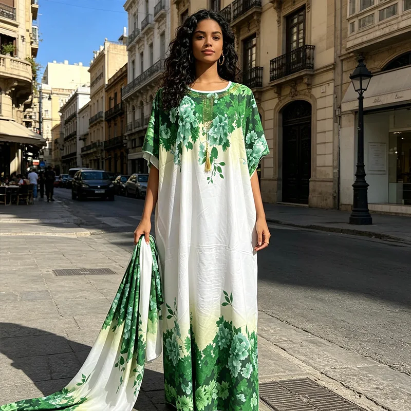 

Plus Size Dashiki African Dresses for Women Summer Fashion Short Sleeve O-neck Printing Long Maxi Dress Kaftan Muslim Abaya