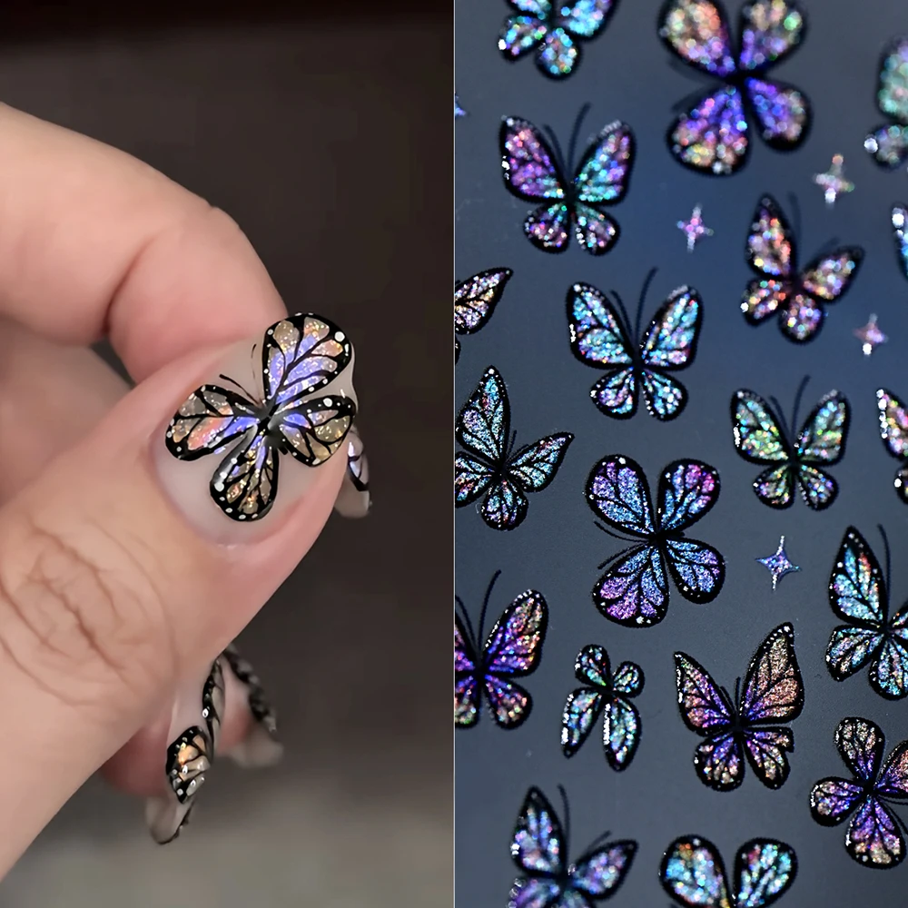 1 Stück 5D Traumhafte Laser-Glitzer-Schmetterling-Nagelaufkleber Glänzende Holographische Blaue Schmetterling-Nagelsticker Selbstklebende Maniküre-Zubehör – Detail 2