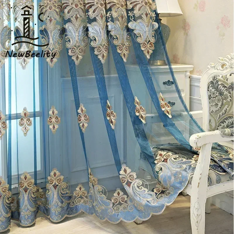 Window Blinds Embroidery Tulle Curtains For Living Room Europe Luxury Blue Window Screen High End Drape 1Panel