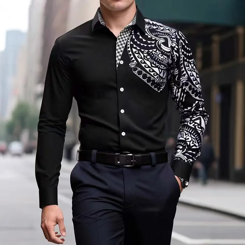 Men's Business Long Sleeve Shirt Button Summer Shirt Long Sleeve Flap Striped Shirt Fashion Temperament Casual Fashion Male Top