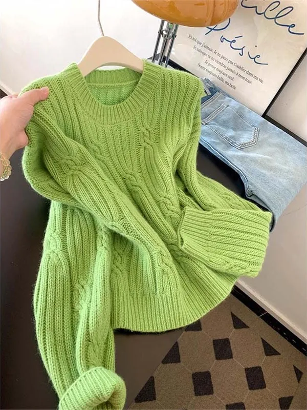 

Свободный вязаный свитер с длинными рукавами для женщин: повседневный, удобный, дышащий, с круглым вырезом, тонкий трикотаж