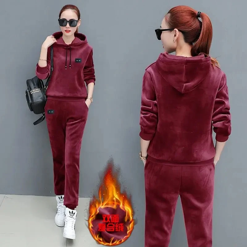 Korean Hoodies And Sweatpants Suit Ensemble Jogging Femme 2 Piece Set Autumn Winter Thick Casual Velvet Tracksuit Women Outfits