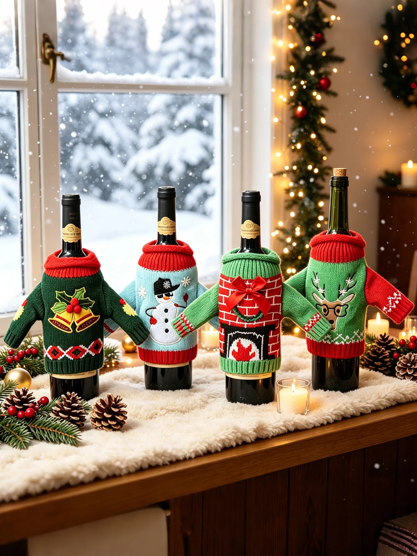 1pc Christmas Wine-Themed Knit Sweater, Knit Hoodie-Style Wine Bottle Sleeve, Christmas and New Year's Party Decorations