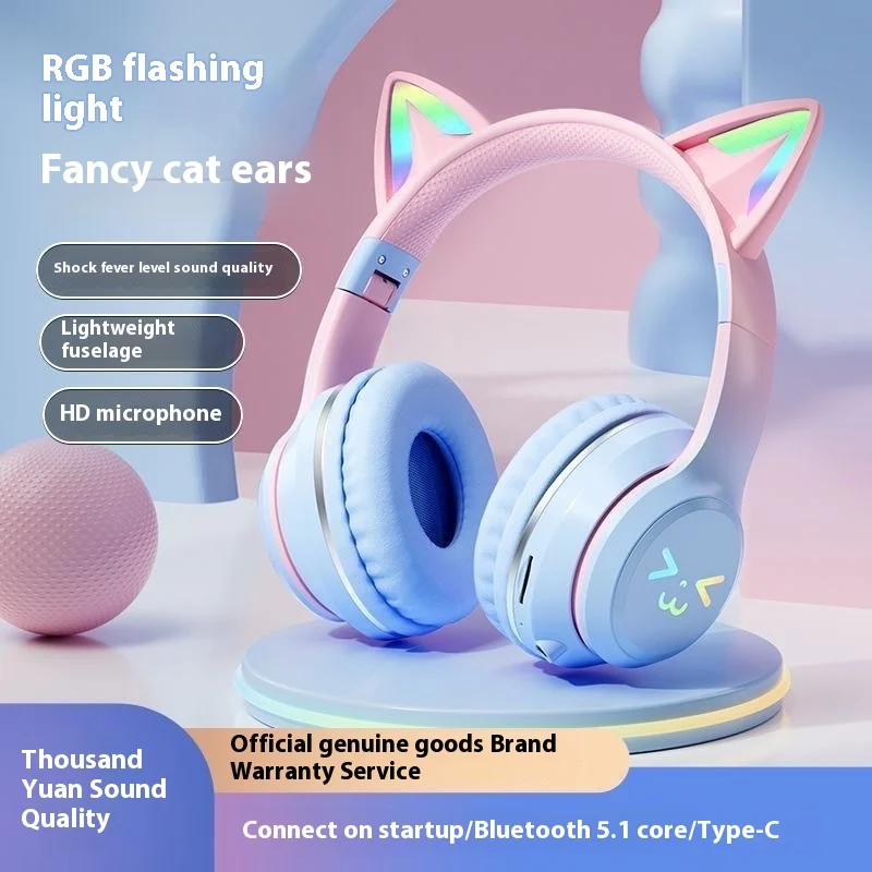 Cat'S Ears Steamed Cat-Ear Shaped Bread Headset Rgb Light Smile Face Gradient New Headset Pink Girl Gift Suitable For Games